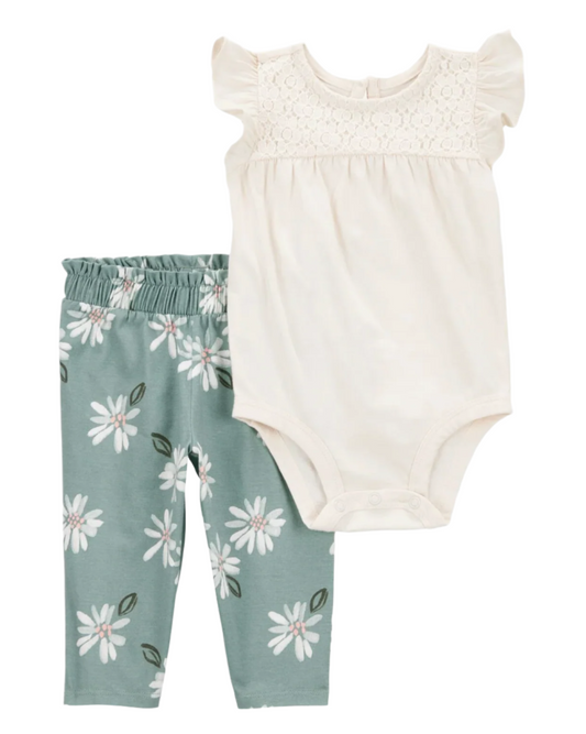 2-Piece Floral Short-Sleeve Bodysuit Pant Set