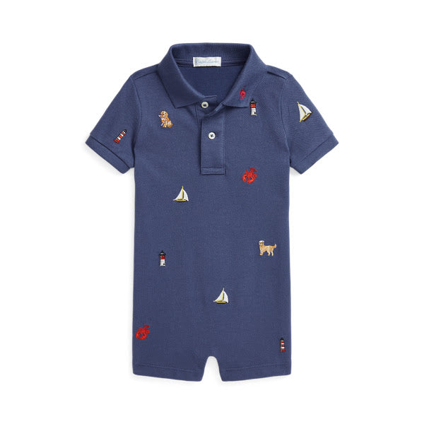 Embroidered Cotton Mesh Polo Shortall