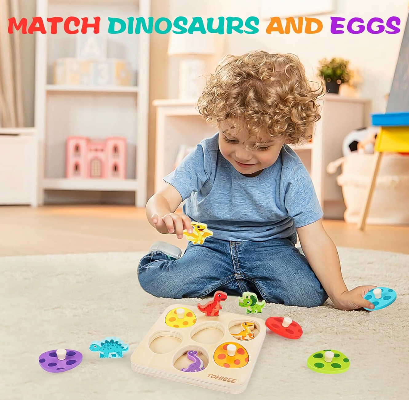 Wooden Puzzles for Toddlers 1-3, Dinosaur Matching Egg Puzzle.