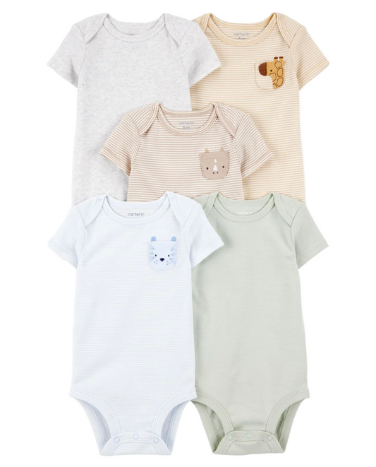 5-Pack Animals Short-Sleeve Cotton Bodysuits